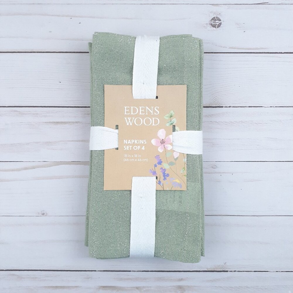 Edens Wood Fabric Dinner Napkins Set of 4 Green Silver Metallic Sparkle 18x18